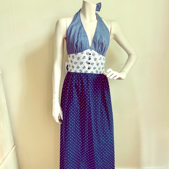1970s Coral Printed Blue Jersey Halter Maxi Dress